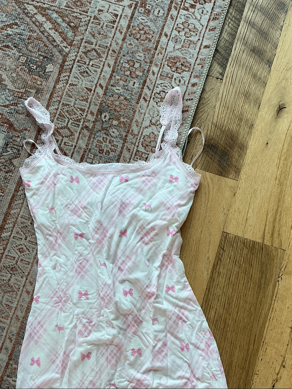 LoveShackFancy White and Pink Bow-Print Lace-Trim Maxi Dress